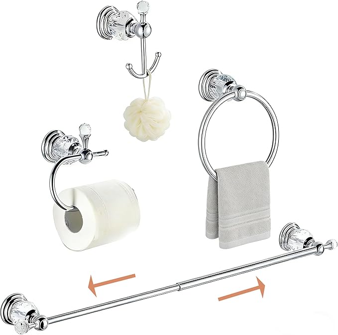 Crystal Bathroom Accessories,Chrome Towel Bar Set Adjustable,Polished Silver Toilet Paper Holder Towel Ring Coat Hooks Bathroom Hardware 4 Pieces Wall Mounted