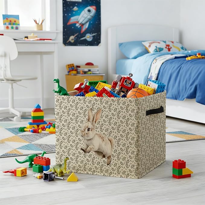 Easter Bunny Storage Bin Box with Handles, Cottagecore Botanical Rabbit Foldable Baskets Organizer for Kids Girls Room Nursery Bathroom Home Clothes Toys Books, Toybox for Girls