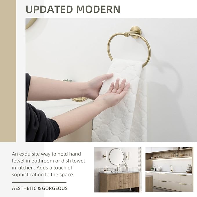 Angle Simple Towel Ring for Bathroom, SUS304 Stainless Steel Swivel Oval Hand Towel Ring Rack for Wall, Brushed Gold