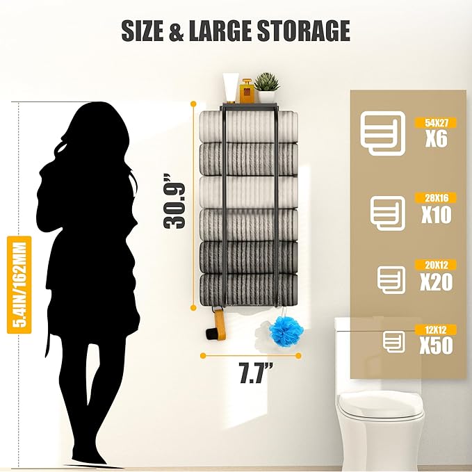 Towel Racks for Bathroom, Curved Bathroom Towel Storage Wall Mounted 30 inch with Shelf Can Holds 6 Large Towels, Wall Towel Rack for Rolled Towels, Black