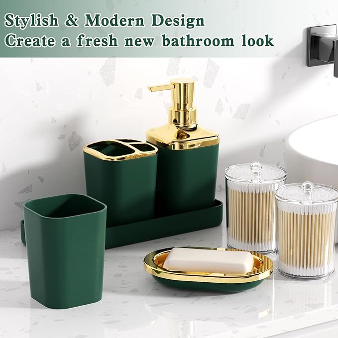 XLHOMO Bathroom Set - Green and Gold Bathroom Accessories, Bathroom Sets with Shower Curtain and Rugs, Green Shower Curtain Set with Bathroom Trash Can, Soap Dispenser, Soap Dish for Home Decor