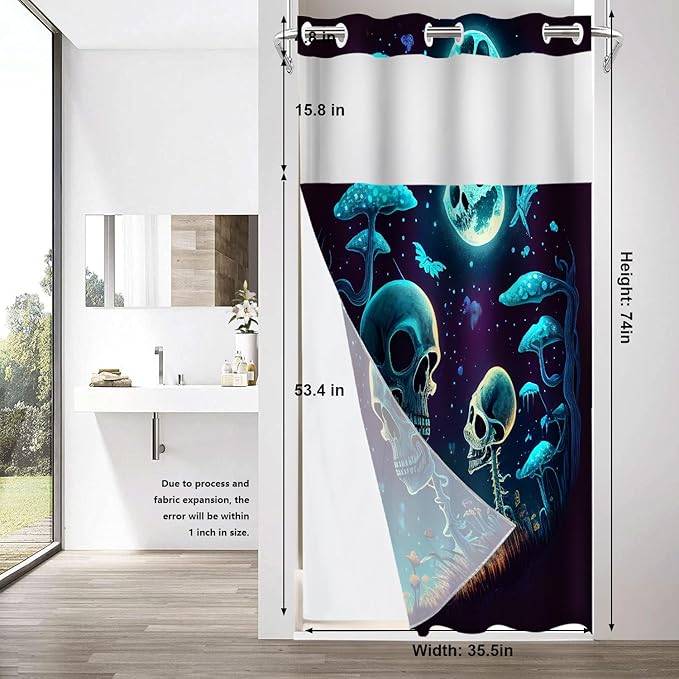Shrahala Happy Halloween Funny No Hooks Shower Curtain with Snap in Liner Set, Skeletons Grass Mushrooms Starry Sky Bathroom Décor Polyester Fiber Waterproof for Stall Bathtubs 35.5 x 74 in
