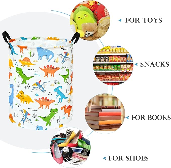 Round Dinosaur Pattern Laundry Hamper Clothes Storage Basket Fabric Storage Hamper Organization Storage Bin, Nursery Box,Gift Basket with Handles