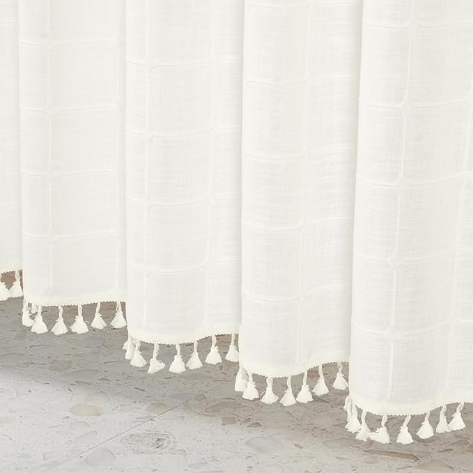 MitoVilla Cream White Boho Extra Long Shower Curtain 72 x 84, Modern Farmhouse 84 inch XL Polyester Linen Texture Tassel Fabric Shower Curtain Set with Hooks for Country Bathroom Decor, Ivory