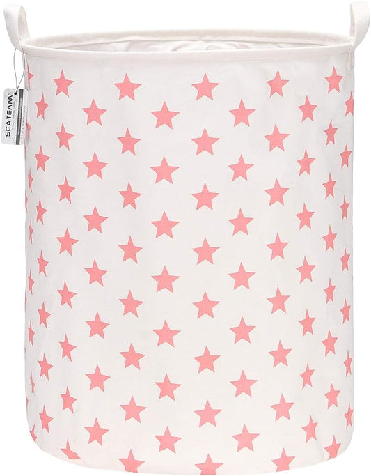 Sea Team 19.7 Inches Large Sized Waterproof Coating Ramie Cotton Fabric Folding Laundry Hamper Bucket Cylindric Burlap Canvas Storage Basket with Stylish Stars Design (19.7", Pink Star)