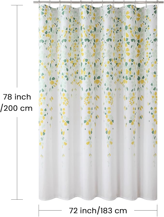 Fabric Floral Shower Curtain, 78 Inch Long Yellow and Sage Green Flower Waterproof Bathroom Shower Curtains, 72" W x 78" H