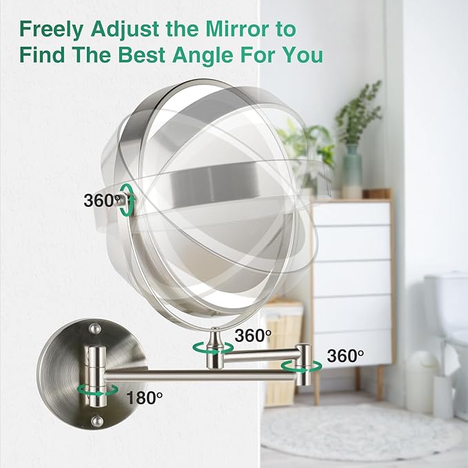 GREENFROM Rechargeable Wall Mounted Makeup Mirror Brushed Nickel, 8.5'' Magnifying Mirror with Lights Double-Sided 1X/10X 360° Rotation Extension Bathroom Shaving Mirror with Foldable Arm