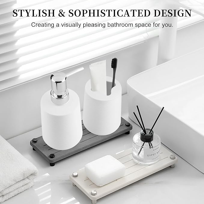 Bathroom Accessories Set 2 Piece, Matte White Bathroom Accessories with Soap Dispenser and Toothbrush Holder, Striped Pattern Bathroom Set for Modern Bathroom Decor