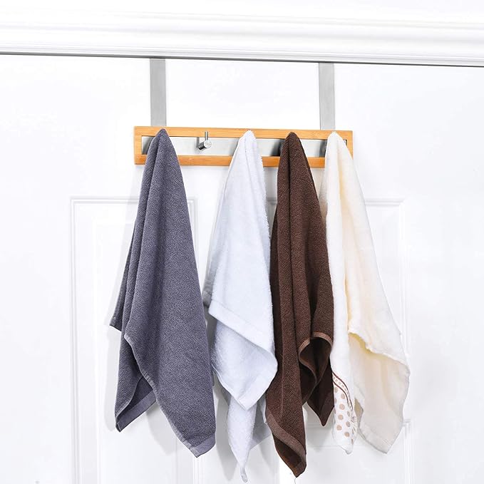 ToiletTree Products Bamboo Stainless Steel Over-the-Door Towel Hooks - Durable Coat, Clothes, and Towel Rack to Use in the Bathroom, Laundry Room, and Closet - 5 Hooks
