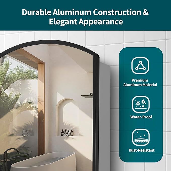 Movo Oval Aluminum Medicine Mirror Cabinet,16" W x 26" H Black Framed Farmhouse Medicine Cabinet with Mirrored Door,Recess or Wall Mount Bathroom Mirrored Cabinet,Adjustable Glass Shelves