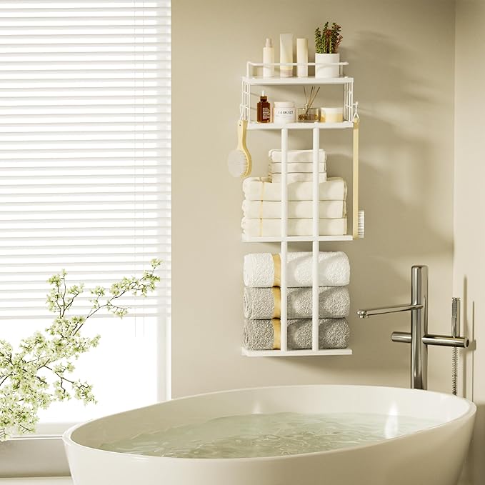 White Towel Rack for Bathroom, Metal Towel Holder for Bathroom Storage Rack with Shelf, 3-Tier Wall-Mounted Towel Organizer - Holds Rolled Towels