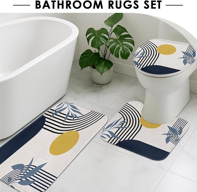 Boho Mid Century Shower Curtain Set with Toilet Lid Cover and Non-Slip Rugs, Abstract Geometric 4 Pcs Modern Minimalist Blue Yellow Vintage Shower Curtain for Bathroom Set with 12 Hooks