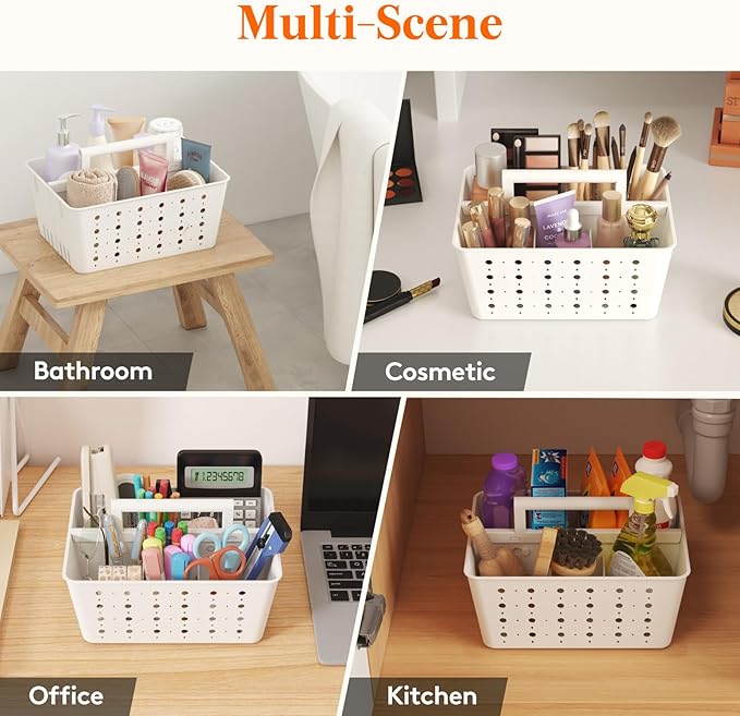 Lifewit Shower Caddy Portable, Plastic Bathroom Organizer with Handle and Holes, Hard Cleaning Basket for Toiletry Storage, College Dorm Essentials, White, 2 Packs