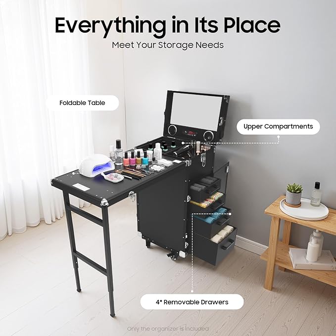 Professional Rolling Travel Nail Desk, Foldable Nail Table Travel Cosmetic Trolley Storage Organizer with 4 Drawers Mirror & Speaker Black Manicure Table Artist Travel Organizer