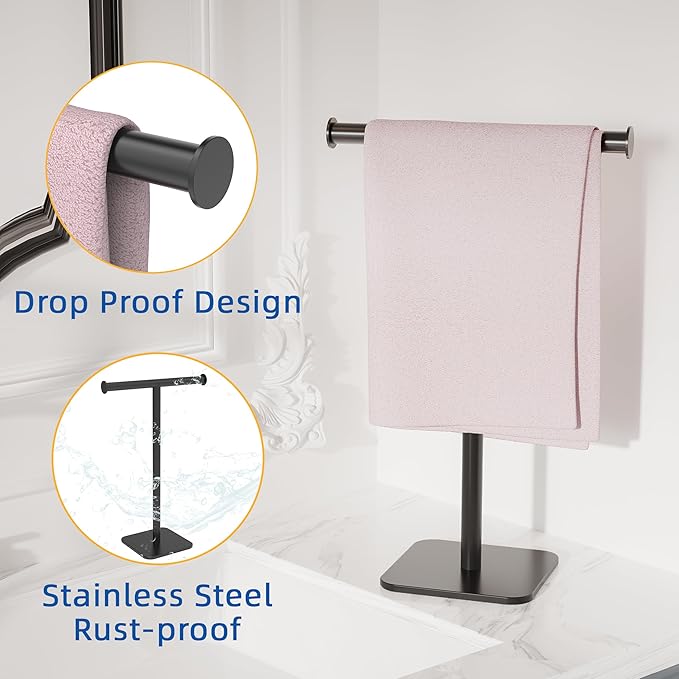 RUACQ Hand Towel Stand, 16" T-Shape Hand Towel Holder Stand for Bathroom, Kitchen and Countertop Towel Holder 304 Stainless Steel Hand Towel Rack with Weighted Base (Matte Black)