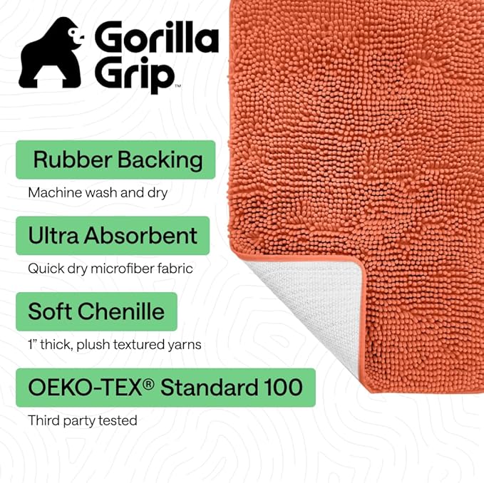 GORILLA GRIP Bath Rug Mat 60x24, Thick Soft Absorbent Chenille, Quick Dry Microfiber Mats, Rubber Backing Washable Shower Floor Rugs, Bathmat Runner, US Designed Bathroom Home Decor Accessories Coral