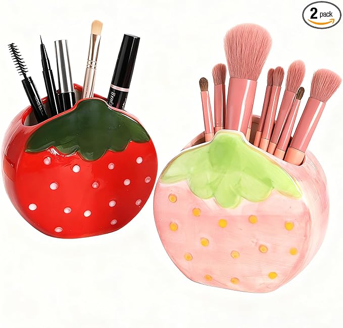 Okllen Set of 2 Ceramic Cute Makeup Brush Holders, Kawaii Strawberry Pen Holder Pink&Red for Desk, Cute Office Home Vanity Decor, Gift for Women Girls