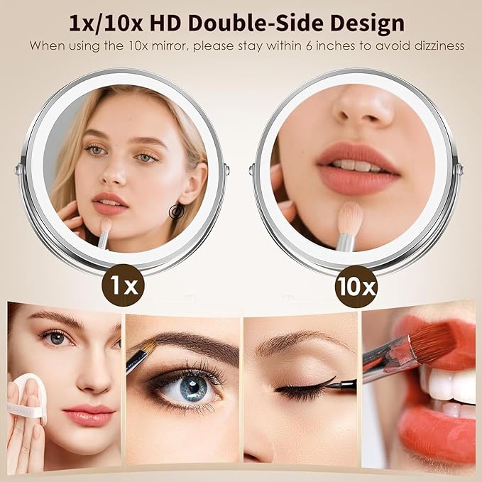 8.5" Wall Mounted Lighted Makeup Mirror, 3000 mAh Rechargeable Double-Sided 1X 10X Magnifying Mirror, 3 Color Lighting, Touch Screen Dimming, Extended Arm 360 Rotation Shaving Bathroom Mirror