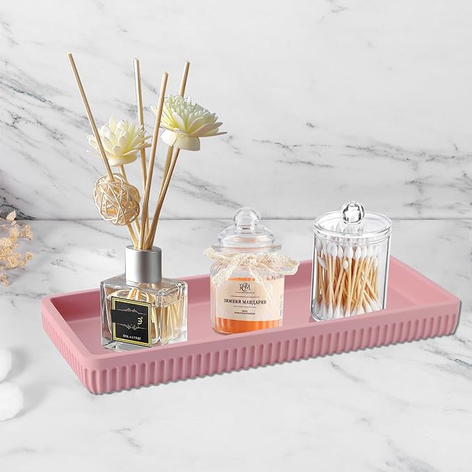 XLHOMO Resin Pink Bathroom Accessories Set 5 Pcs, Lotion Soap Dispenser, Toothbrush Holder, Bathroom Tumbler, Qtip Holder and Vanity Tray, Bathroom Countertop Organizer Set for Modern Home Apartment