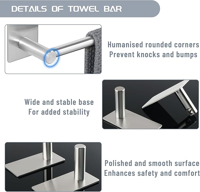 Alise Adhesive Towel Bar, 12 Inch Towel Racks for Bathroom SUS 304 Stainless Steel,Bathroom Towel Holder No Drill, Strong Self Adhesive Towel Bar, Brushed Nickel