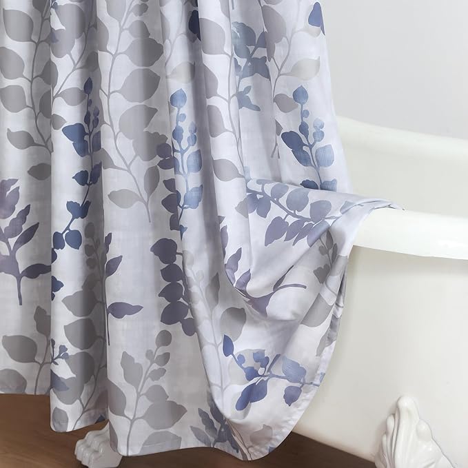 Extra Long Fabric Shower Curtain, Gray and Blue Botanical Branch Leaf Print, Waterproof Bathroom Curtain, 72" W x 84" H