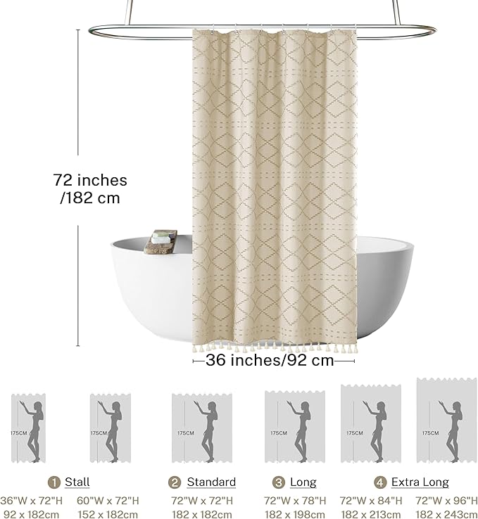 Small Stall Boho Shower Curtain Cream/Beige Tassle Woven Fabric Shower Curtain 36 x 72 Half Size Tufted Chevron Striped Textured Modern Farmhouse Minimalist Cloth for Bathroom