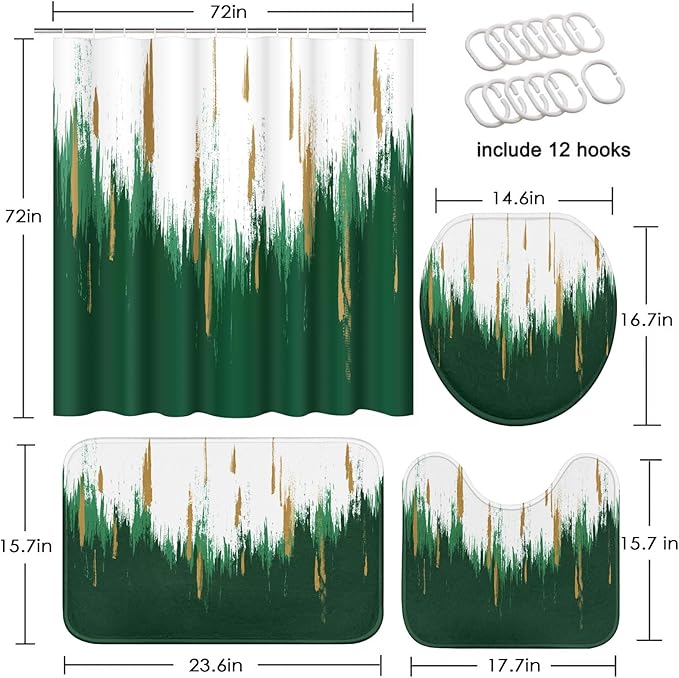 Green Gold White Shower Curtain Set with Toilet Lid Cover and Non-Slip Rugs for Bathroom, Modern Oil Painting Abstract 4 Pcs Shower Curtain, Bathroom Set with 12 Hooks