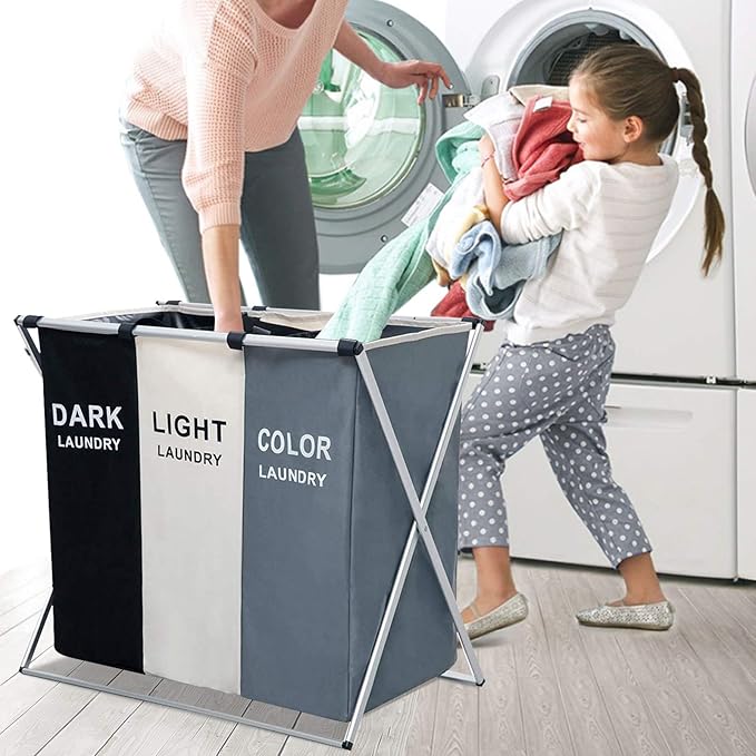 Nicesail 3 Section Laundry Basket Printed Dark Light Color, Foldable Hamper/Sorter with Waterproof Oxford Bags and Aluminum Frame, Washing Clothes Storage for Home, Dormitary Multicolored
