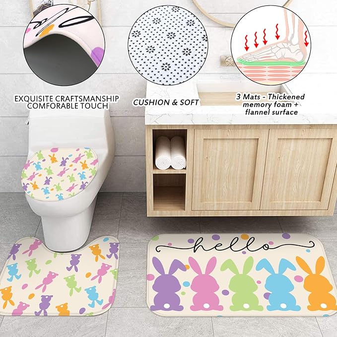 Drydiet 4 Pcs Easter Bunny Shower Curtain Sets 71 x 71 Inches Non Slip Rugs Toilet Lid Cover Bath Mat and 12 Hooks Easter Bathroom Shower Curtain for Bathroom Spring Decorations Farmhouse Home Decor