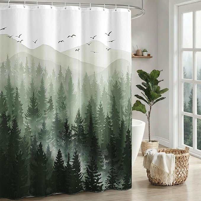 Green Forest Rustic Shower Curtain, Nature Mountain Tree Shower Curtains for Bathroom with 3D Bamboo Texture, 72 x 72