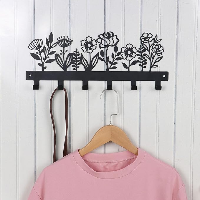 16 Inches Towel Rack Key Holder Wall Mounted with 6 Hooks, Black Metal Keychain Hanger for Entryway Front Door Hallway Mudroom, Waterproof Rustproof Kitchen Bathroom Organizer Home Decor