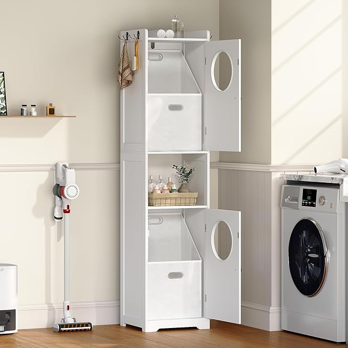 Laundry Hamper Cabinet, 70" Tall Bathroom Cabinet with 2 Laundry Baskets, Hidden Laundry Hamper with 2 Doors and Double Clothes-Toss Round Holes for Bathroom, White WT170XY01S