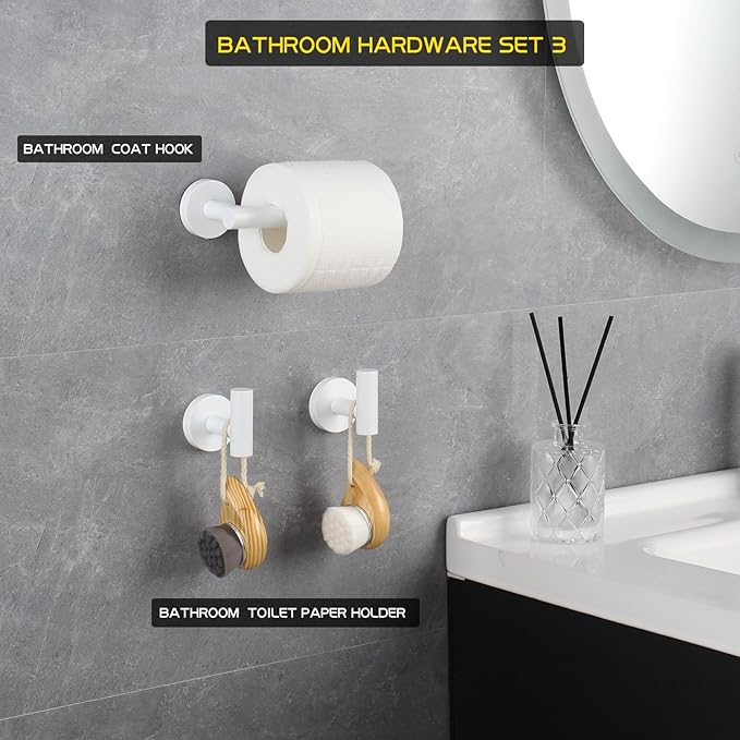 GERZWY 3-Piece Bathroom Accessories Hardware Set SUS 304 Stainless Steel - 2X Coat Hook Toilet Paper Holder, White