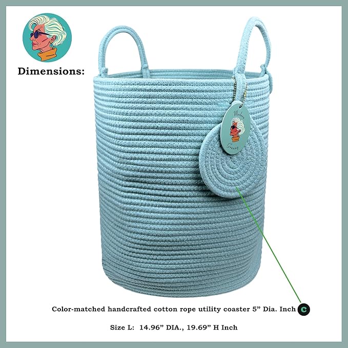 Modern Granny Large Cotton Rope Laundry Hamper 15x20 Inch Dual Secure Woven Handle for Living Room Closet Clothes Blanket Organization