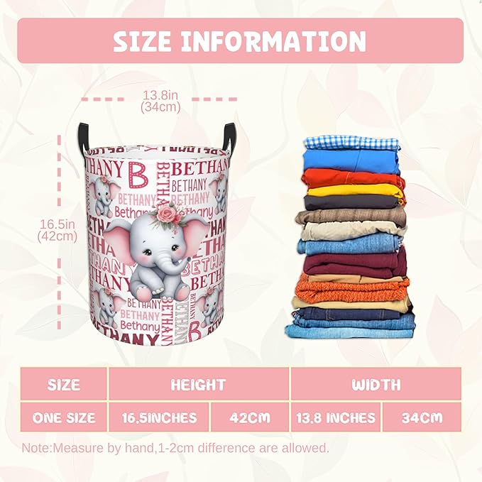 ZOE DAVISON Custom Elephant Laundry Baskets, Personalized Elephant Print Gifts with Customized Name, Collapsible Laundry Hamper for Kids Adults Home Decoration,16.5 X 13.8in