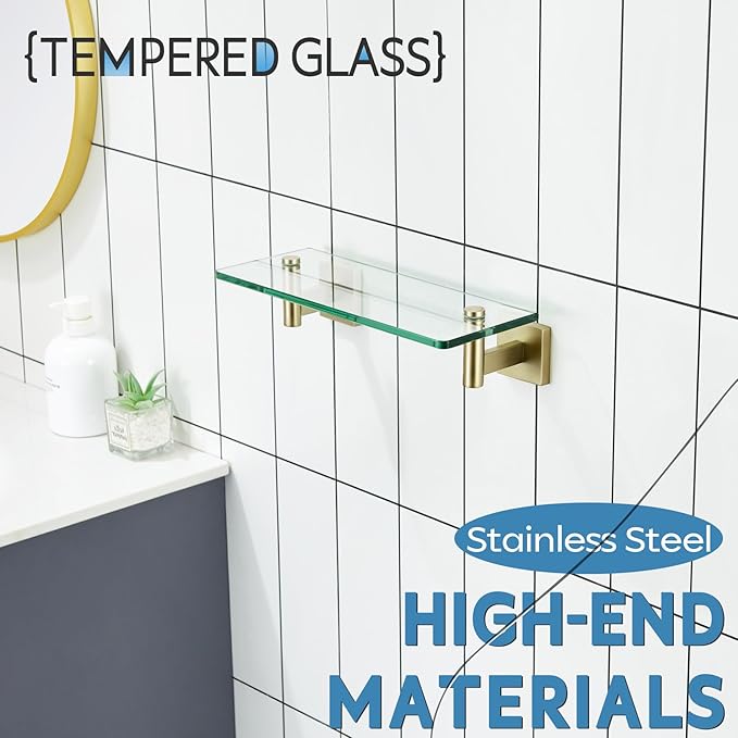 KOKOSIRI 12-Inch Bathroom Shelves Glass Floating Shelf Toilet Roll Holder Toilet Paper Holder Stainless Steel Brushed Gold B1105BG-L12+B2008BG