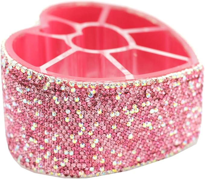 Desktop Cosmetic Storage Box 8-hole Heart-Shaped Bling bling Rhinestone Cosmetic Tools storage Box Jewelry Storage Box (Pink)