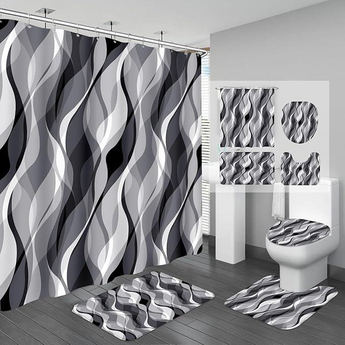 4PCS Grey Abstract Shower Curtain Sets with Rugs, Striped Bathroom Sets with Shower Curtain and Rugs, Modern Bathroom Curtains Shower Set with Toilet Lid Cover for Luxury Bathroom Decor
