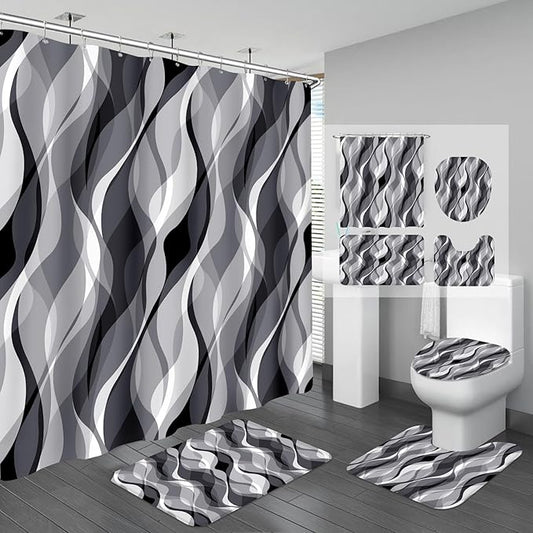 4PCS Grey Abstract Shower Curtain Sets with Rugs, Striped Bathroom Sets with Shower Curtain and Rugs, Modern Bathroom Curtains Shower Set with Toilet Lid Cover for Luxury Bathroom Decor