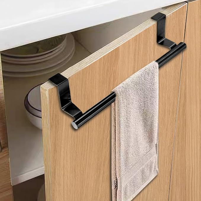 2 Pack 9 Inch Towel Holder, Black Bathroom Towel Bar Stainless Steel Hand Towel Rack, Over Cabinet Door Towel Bar for Kitchen Bathroom