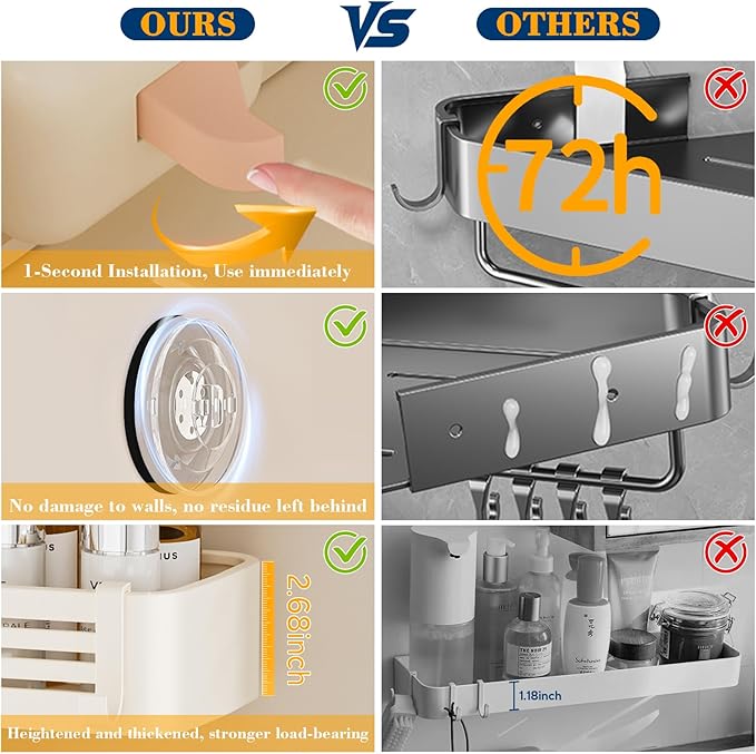Shower Caddy Suction Cup, No-Drilling Hanging Shower Caddy with Hooks, Waterproof & Rustproof Removable Shower Organizer for Bathroom Storage