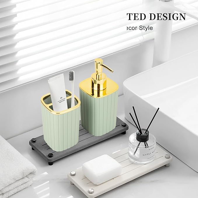 2PCS Bathroom Accessories Set, Sage Green Bathroom Accessories, Bathroom Soap Dispenser and Toothbrush Holder Set for Bohemian Bathroom Decor