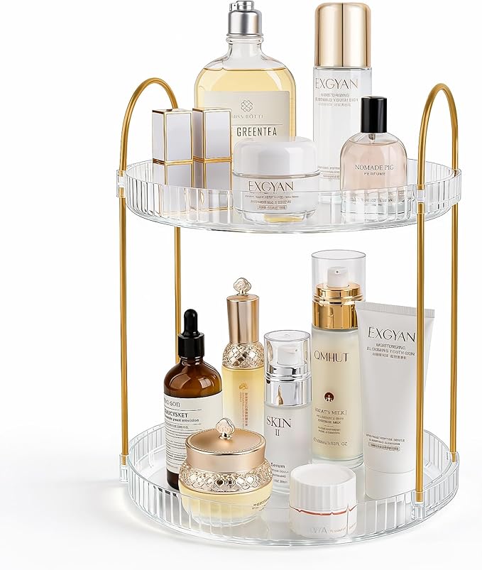 Anyoifax 360 Rotating Makeup Organizer 2 Tier Large Capacity Perfume Skincare Tray for Dresser Spinning Bathroom Counter Organizer for Vanity Lazy Susan Turntable Storage for Kitchen, Clear