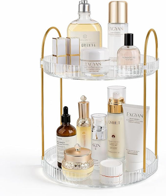 Anyoifax 360 Rotating Makeup Organizer 2 Tier Large Capacity Perfume Skincare Tray for Dresser Spinning Bathroom Counter Organizer for Vanity Lazy Susan Turntable Storage for Kitchen, Clear