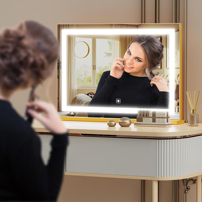 Gvnkvn Makeup Vanity Mirror with Lights 20" L x 26" W Large LED Makeup Mirror, Light up Mirror with 10X Magnification and USB Charging Port, Dimmable 3 Modes, Touch Screen Control Gold