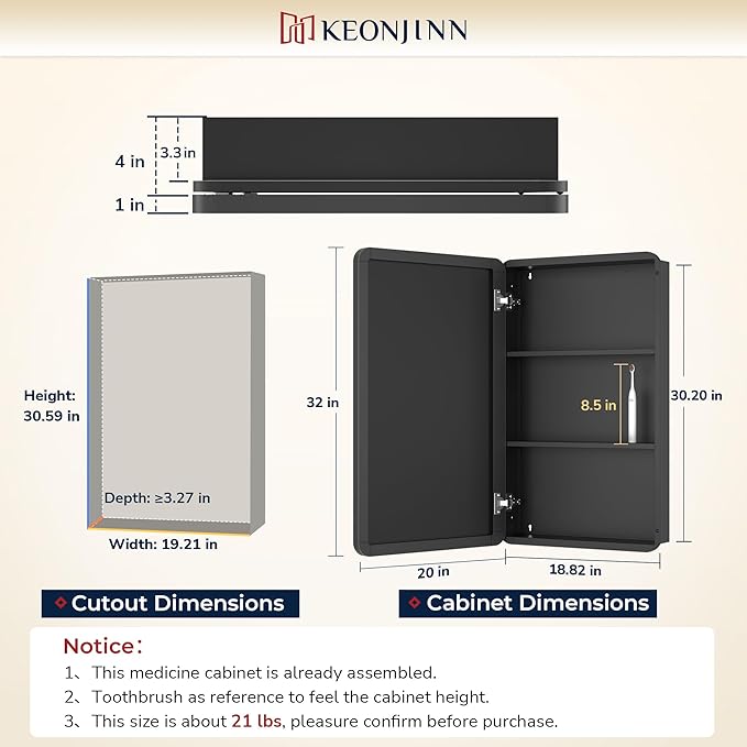 Keonjinn 20 x 32 Inch Gold Mirrored Medicine Cabinet, Recessed Medicine Cabinets for Bathroom, Dim Brushed Brass Stainless Steel Framed, Adjustable Shelves, in Wall or Surface Mount, Sturdy & Heavy
