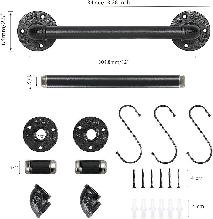 Industrial Pipe Towel Rack Towel Bar, Heavy Duty Wall Mounted Rustic Farmhouse Bath Towel Holder for Bathroom (Black, 12 inch)