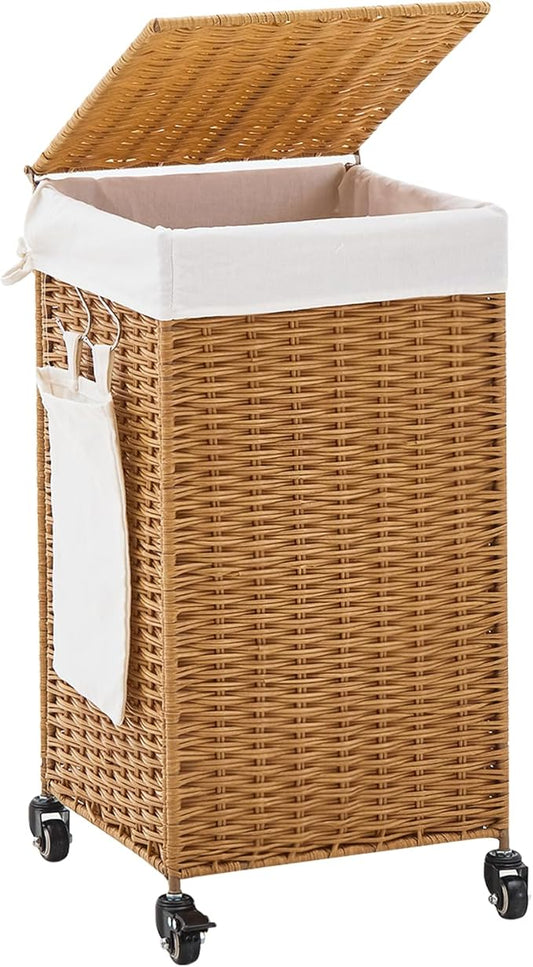 Handwoven Hamper with Lid, Laundry Basket with Wheels, Machine Washable Liner, Clothes Hamper for Bathroom Laundry Room Bedroom(Rattan, 78L)