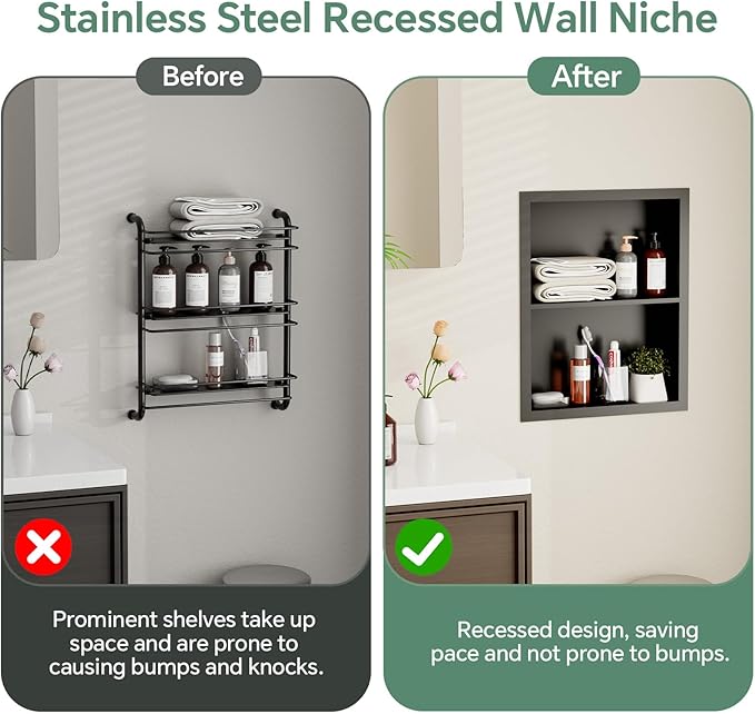 Stainless Steel Recessed Medicine Cabinet 14''*18'', Rust-Proof Metal Wall Niche, in Wall Shower Niche Shelf Insert Replacement, Recessed Medicine Cabinets for Drywall, Bathroom Storage, Black