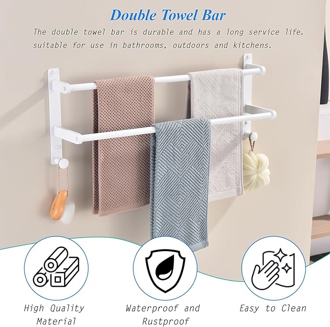 White Double Towel Rack with Hooks, 24 Inch Stainless Steel Towel Rails, Wall Mounted Bathroom Towel Holder